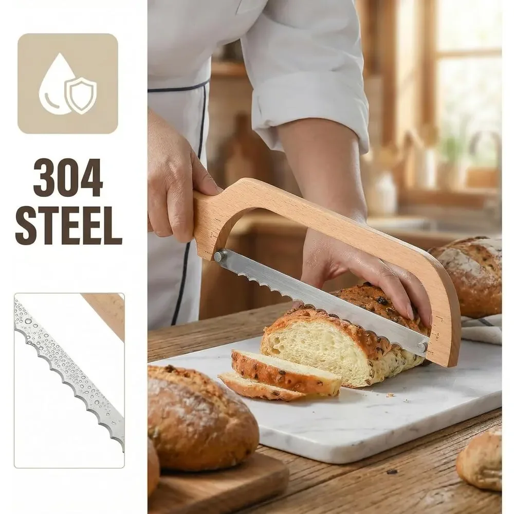 360 Rotating Wooden Bread Knife Serrated Bow Slicer Left Right Handed Beechwood
